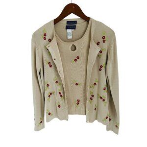 J McLaughlin 100% Silk Beige Twinset With Floral Embroidery & Keyhole Detail